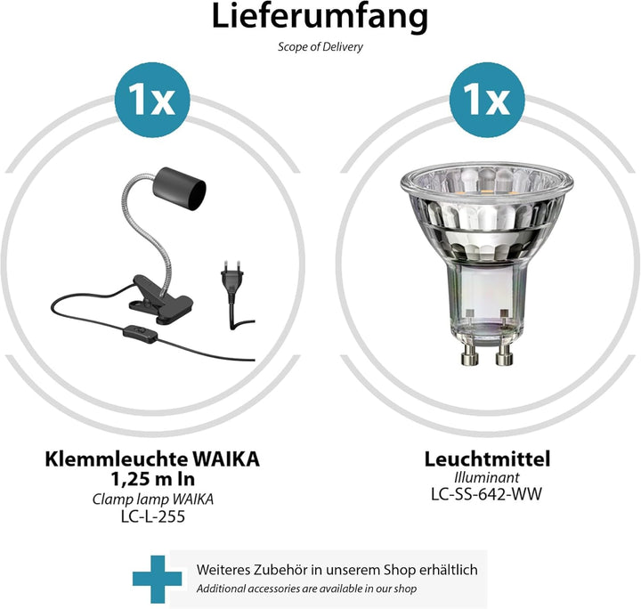 ledscom.de Klemmleuchte WAIKA mit Schwanenhals und Schalter schwarz matt, inkl. GU10 LED Lampe (warm