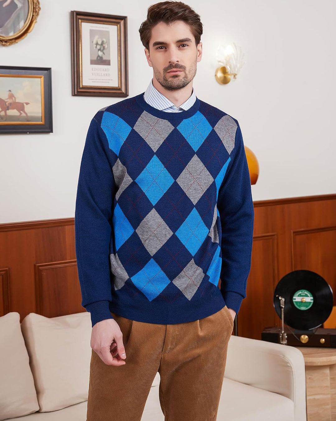 Kallspin Herren Wollmischung Strickpullover Argyle Rundhalsausschnitt Pullover Sweater, S Marineblau
