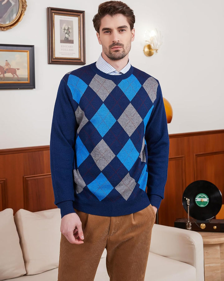 Kallspin Herren Wollmischung Strickpullover Argyle Rundhalsausschnitt Pullover Sweater, S Marineblau