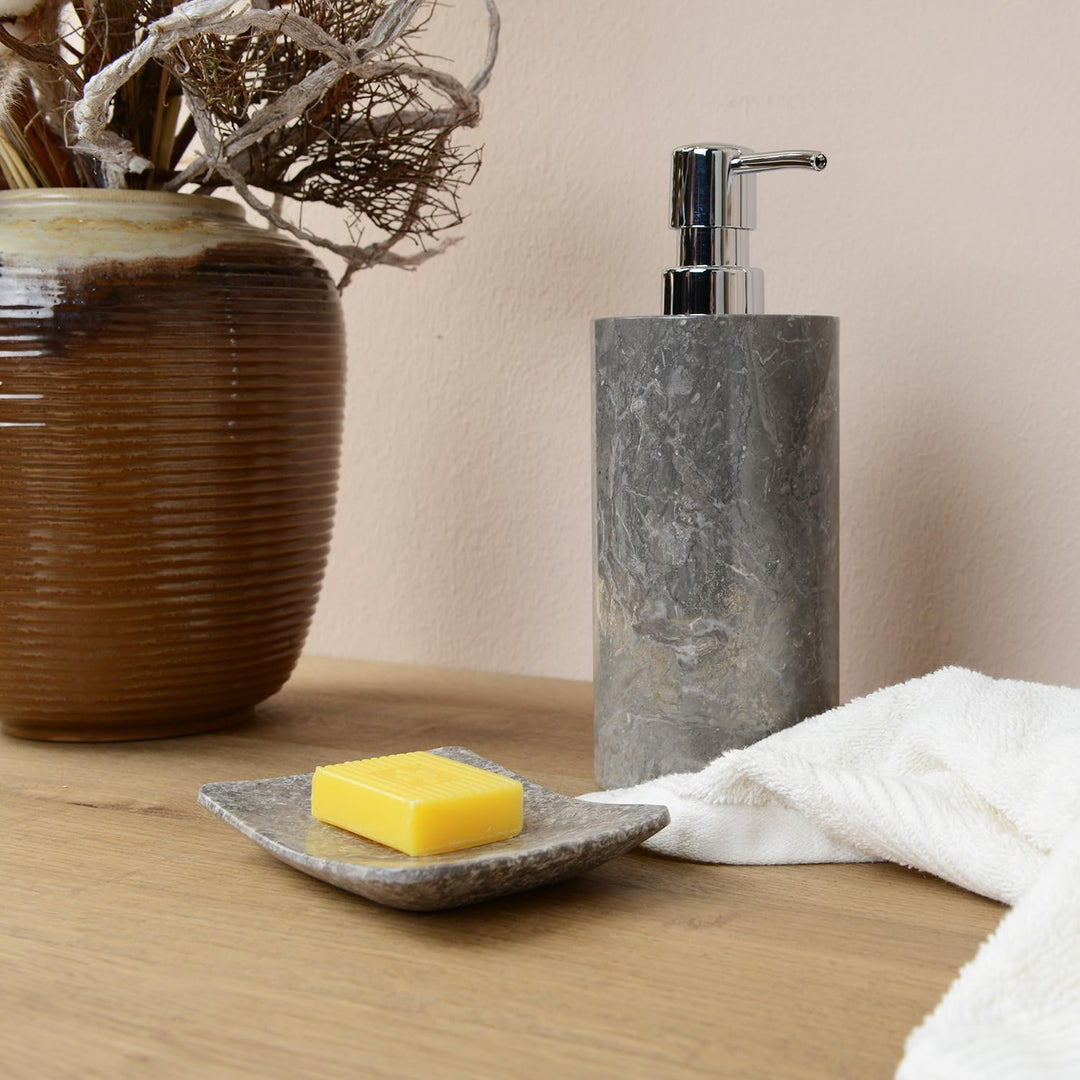 WOHNFREUDEN Naturstein Marmor Seifenspendernatur grau 15 cm + Dosierpumpe Stein