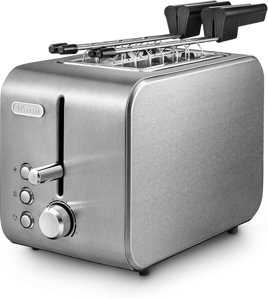 De'Longhi CTX2203.S Toaster mit Zange, stufenweise Kontrolle des Röstgrads, 3 Funktionen, Krümelschu