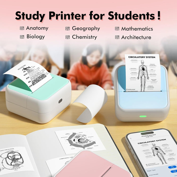 Bisofice S1 Mini Drucker für Smartphone mit 11 Rollen Druckerpapier, Blau