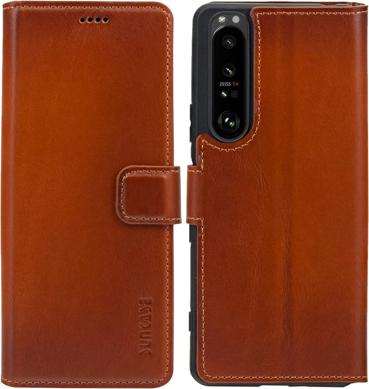 Suncase Book-Style Hülle kompatibel mit Sony Xperia 1 III 3 (2021) Leder Tasche (Slim-Fit) Lederhüll