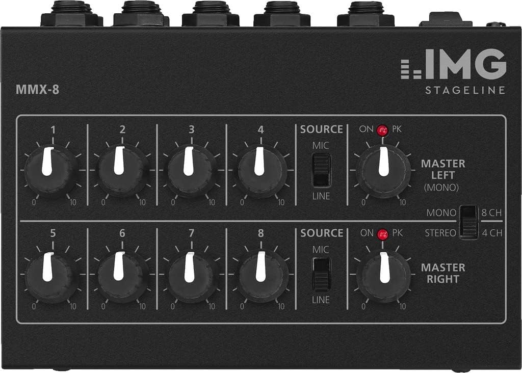 MONACOR 242860 MMX-8 Miniatur Audio-Mischer in Schwarz, Universal Mikrofon-Mischpult mit Klinken-Ans