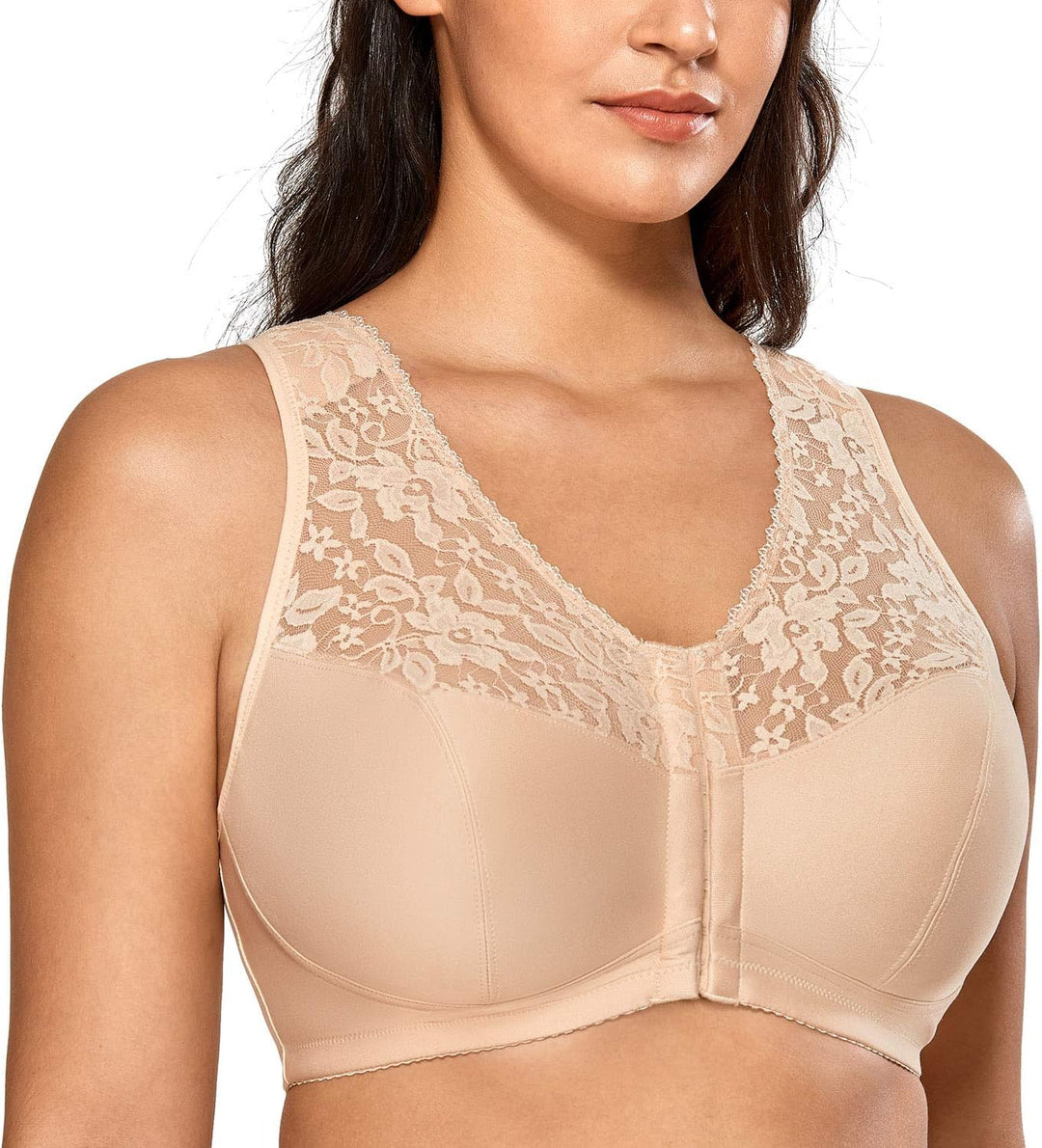DELIMIRA Damen Vorderverschluss BH ohne Bügel Grosse Grössen mit Spitze Racerback 75C Beige, 75D