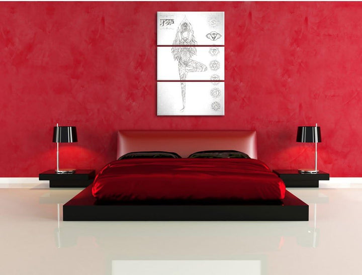 Pixxprint Yogafigur in der Tree Pose Kunst Kohle Effekt 3-Teiler Leinwandbild 120x80 Bild auf Leinwa