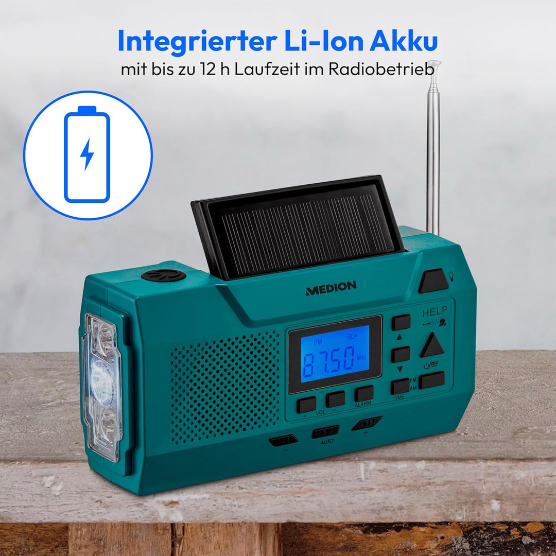 MEDION E66806 Kurbelradio (Solar, Dynamo Handkurbel, Baustellenradio, UKW Radio, Taschenlampe, SOS N