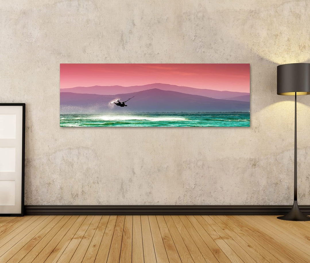 islandburner Bild auf Leinwand Drachensurfen Vor Berglandschaft Rosa Himmel Bilder Wandbilder Poster