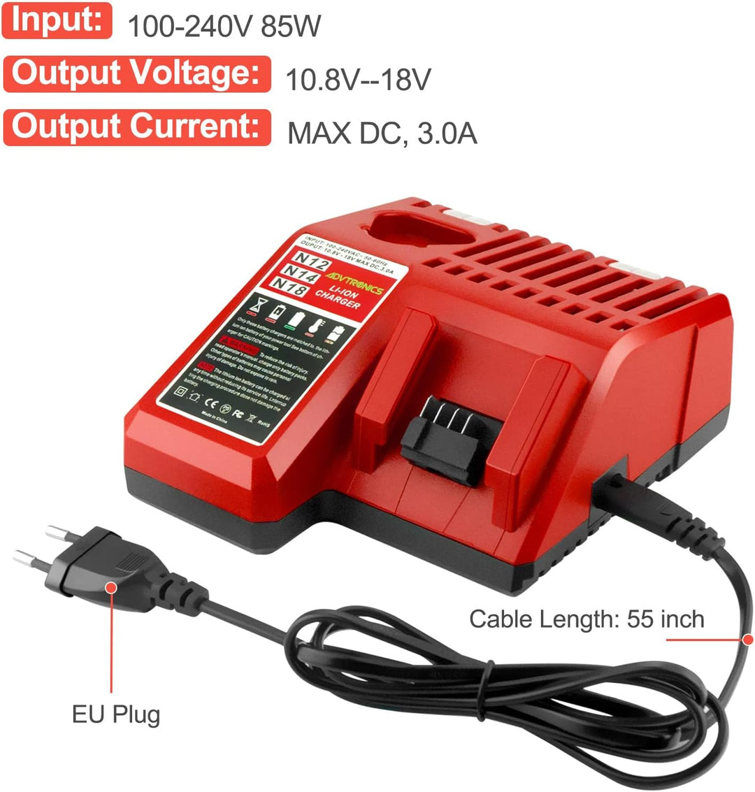 ADVTRONICS 3A 12V-18V Ersatz Ladegerät Kompatibel mit Milwaukee 12V-18V M18 M12 Akku 48-59-1806 48-5