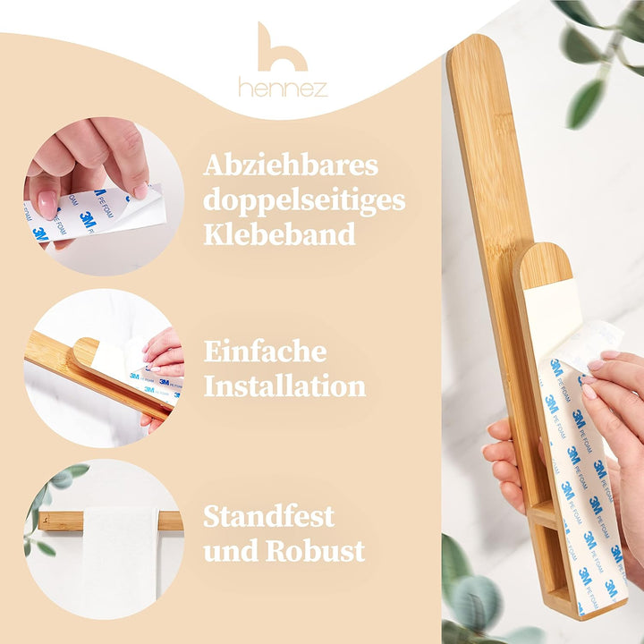 Hennez Handtuchhalter ohne Bohren - Handtuchhalter Bad aus Bambus - Selbstklebende Handtuchhalter mi