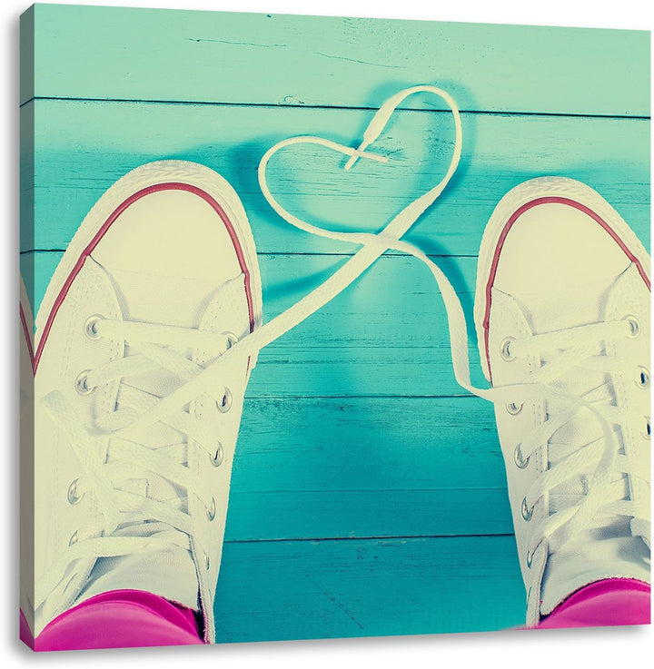 Herzform aus Schnürsenkeln, Format: 70x70 auf Leinwand, XXL riesige Bilder fertig gerahmt mit Keilra