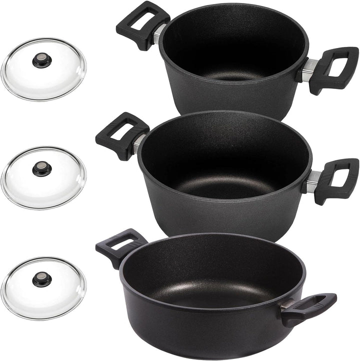 Eurolux Universal-Topfset Induktion Aluguss beschichtet 6-teilig - schwarze Koch-Töpfe Set & Deckel