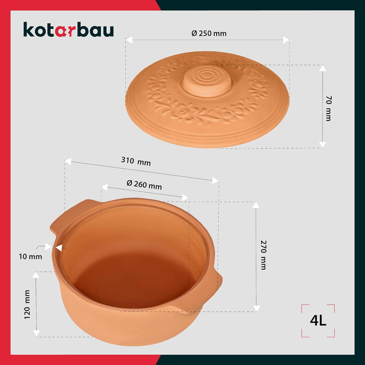 KOTARBAU® Keramik Bräter 4 L Römischer Topf Keramiktopf mit Deckel und Griffen Naturton Dampfgarer R