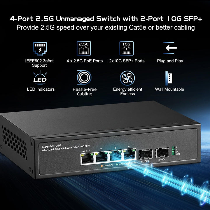 Binardat 6 Port 2.5G PoE Switch mit 2x10G SFP+ Port, 4x2.5G Base-T Ports kompatibel mit 100/1000Mbps