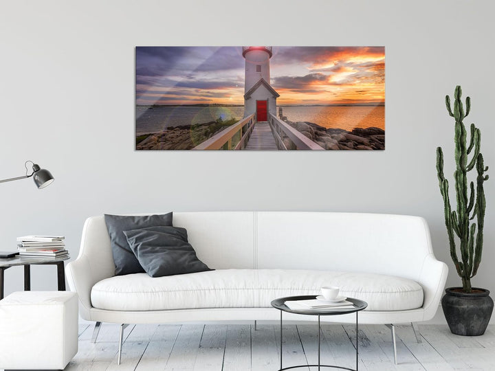 Glasbild Panorama | Wandbild aus Echtglas | Leuchtturm bei Sonnenuntergang | 100x40 cm | inkl. Aufhä