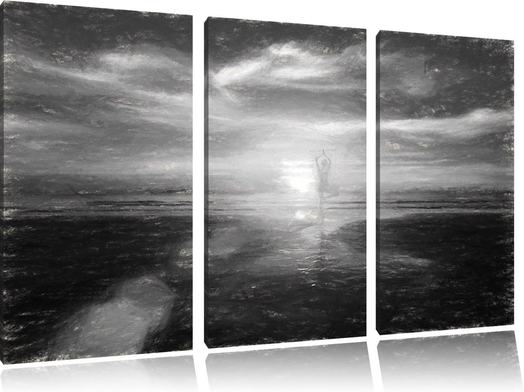 Pixxprint Yoga Silhouette am Strand / 3-Teilig/Gesamtmass 120cm Leinwandbild bespannt auf Holzrahmen