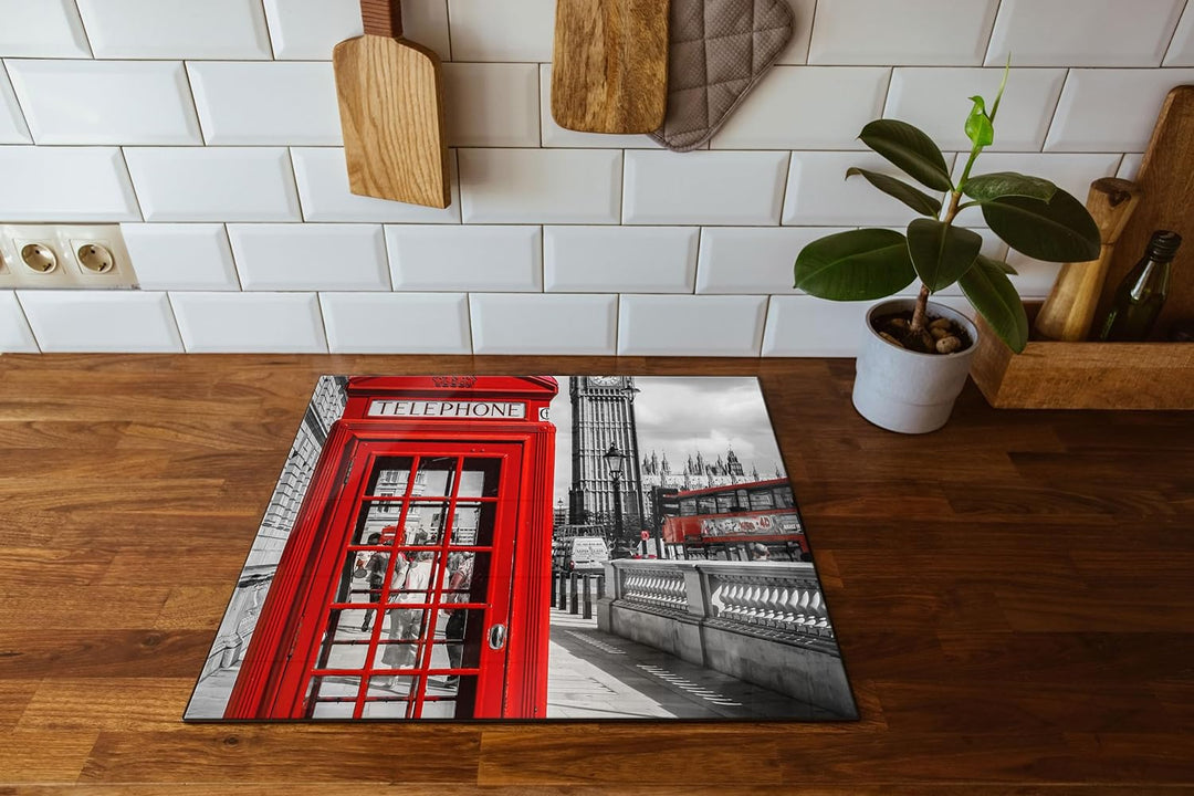 Telefonzelle London Herdabdeckplatte & Spritzschutz aus Echtglas | Für Herd-Kochfelder | 60x52 cm