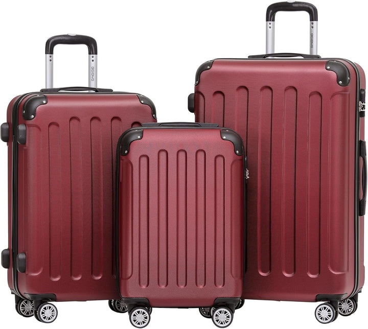 BEIBYE Hartschalen-Koffer Trolley Rollkoffer Reisekoffer Handgepäck 4 Rollen (M-L-XL-Set) (Weinrot,