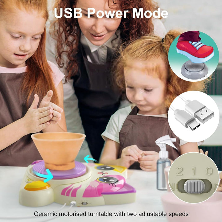 Alckijy Töpferset für Kinder – Elektrische Mini-Töpferscheibe mit Ton, Farben, Werkzeug & Schürze –