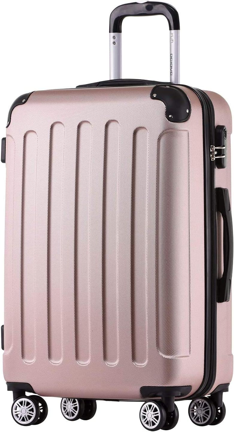 BEIBYE Hartschalen-Koffer Trolley Rollkoffer Reisekoffer Handgepäck 4 Rollen (M-L-XL-Set) (Rosa Gold