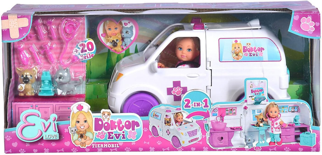 Simba 105733488 - Evi Love Doktor Evi 2-in-1 Tiermobil, Evi als Tierärztin, aufklappbares Auto, Tier