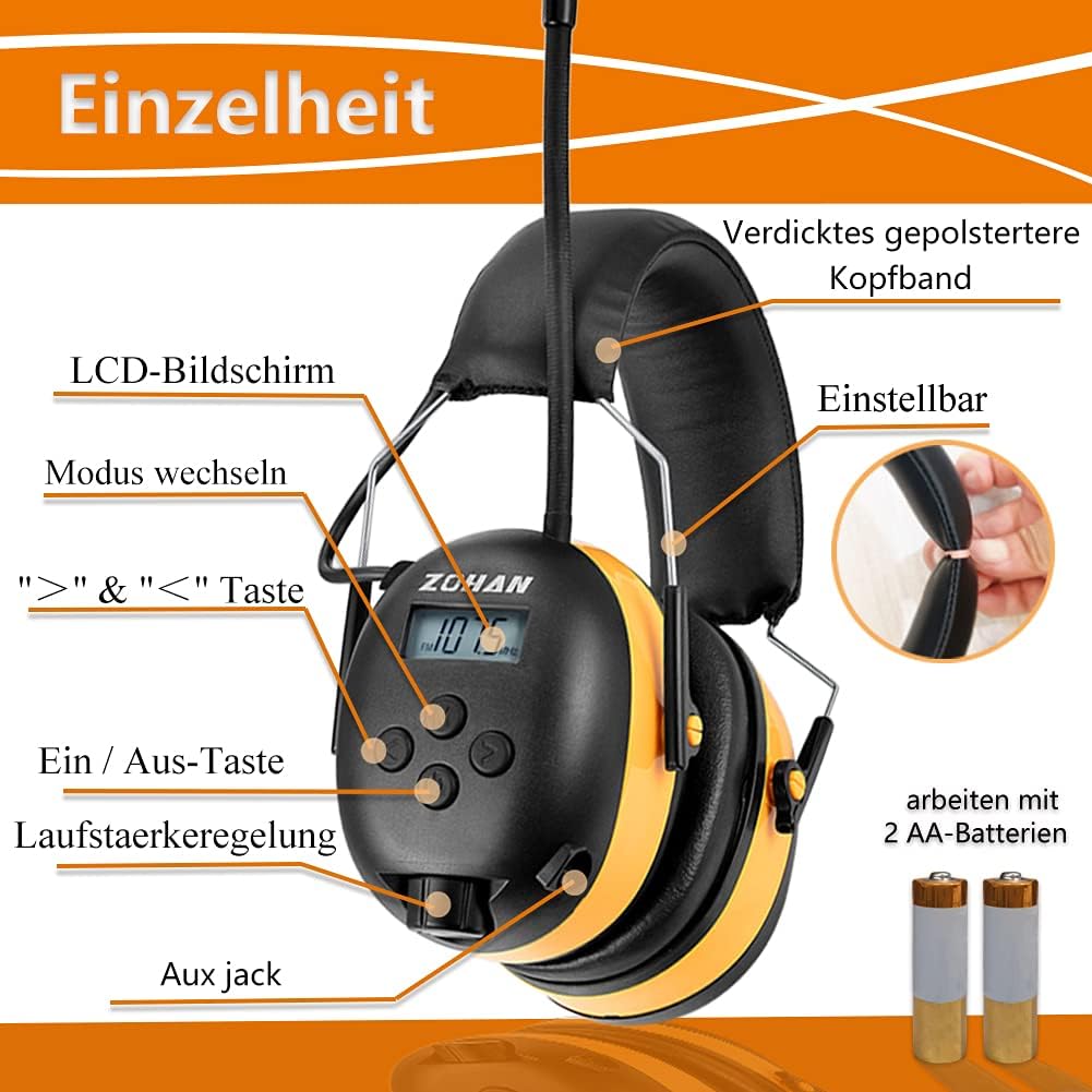 ZOHAN 042 Gehörschutz mit Radio, MP3 FM/AM Ohrenschützer für Industrie, Geräuschunterdrückungs Musik
