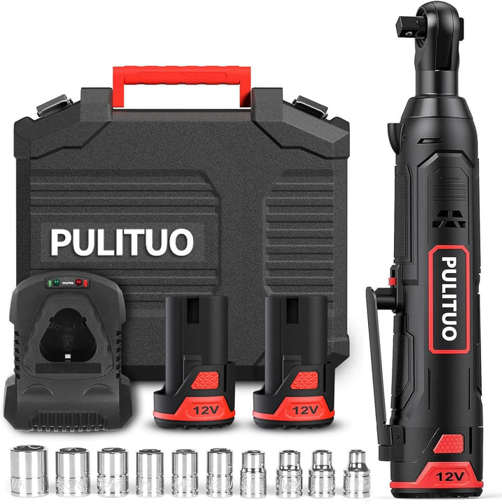 PULITUO Elektrische Ratschenschlüssel Set, 12V Akku Ratschenschlüssel 3/8" mit 2pcs 2000mAh Akkus un