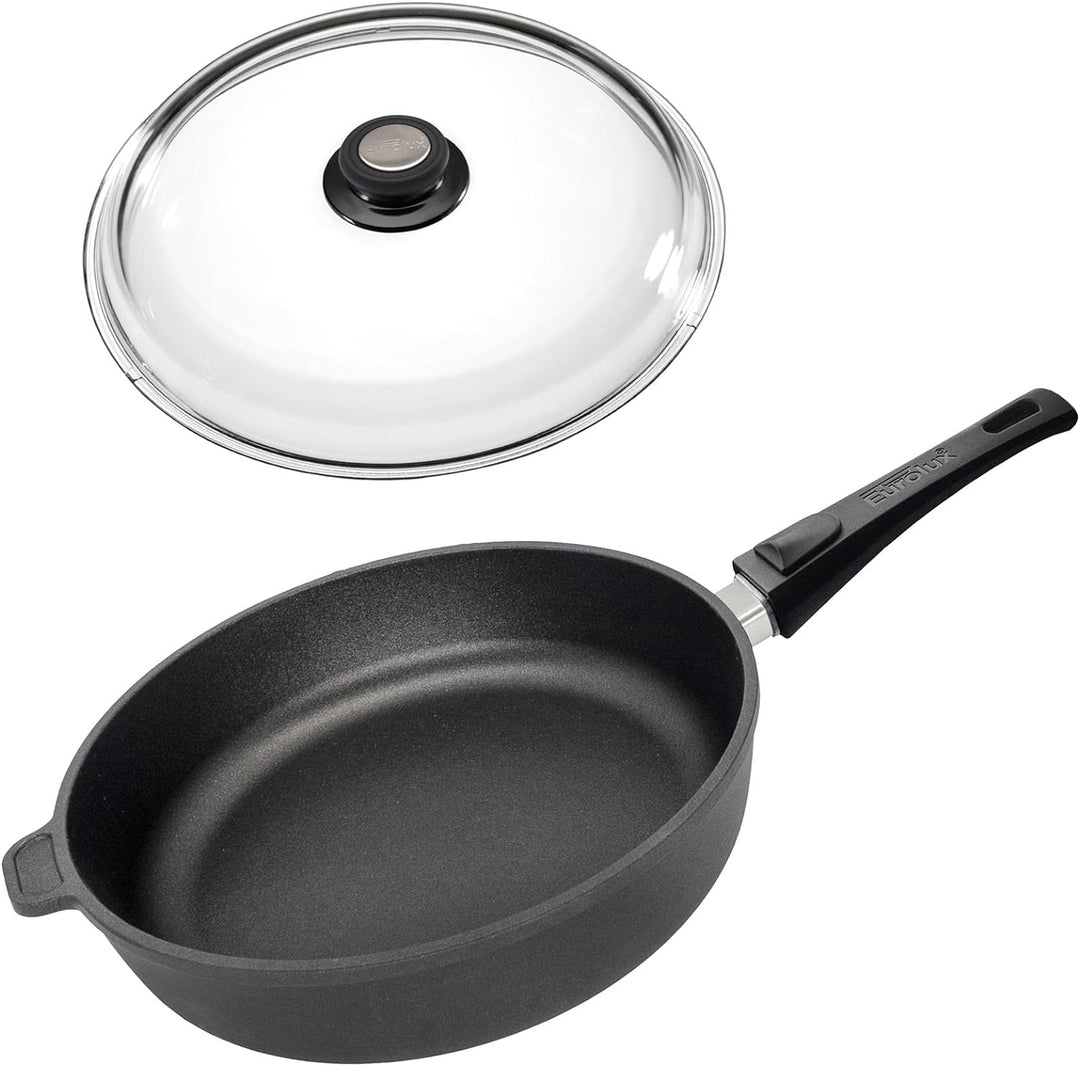 Eurolux Guss-Pfanne Induktion Set & Deckel Ø 24 cm abnehmbarer Griff - hoher Rand 7 cm - Alugusspfan