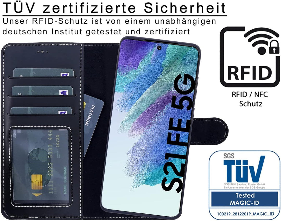 Burkley 2-in-1 Leder Handytasche für Samsung Galaxy S21 FE - Abnehmbares Back Cover, 360° Schutz, RF