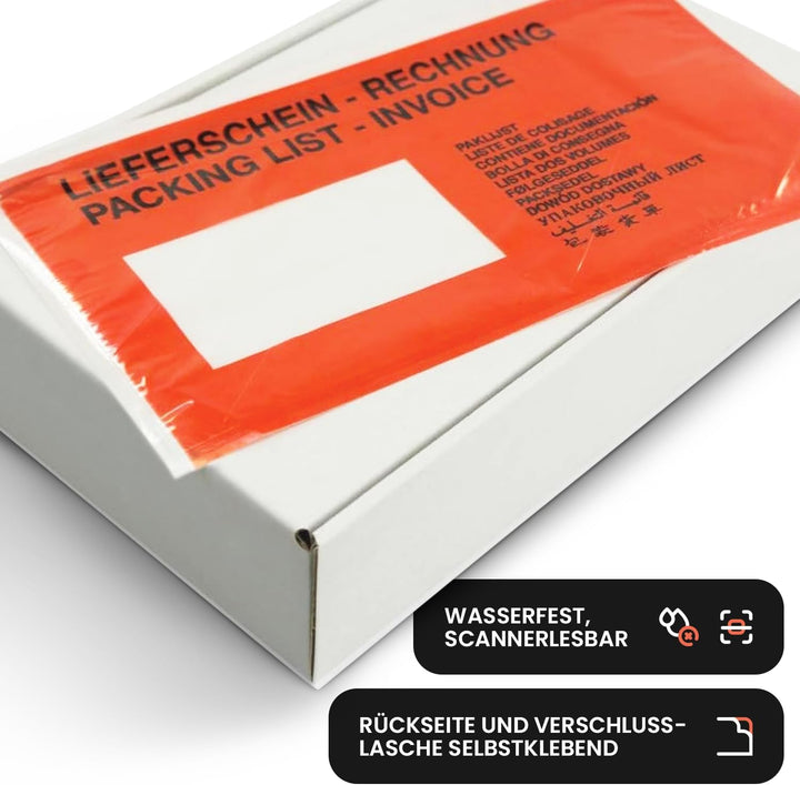 Netuno 1000 rote Lieferscheintaschen selbstklebend bedruckt DIN lang 131x 239 mm Begleitpapiertasche