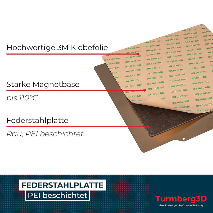 Turmberg3D - Raue PEI Druckbettoberfläche - Federstahlblech inkl Magnetbase für 3D Drucker (Variante