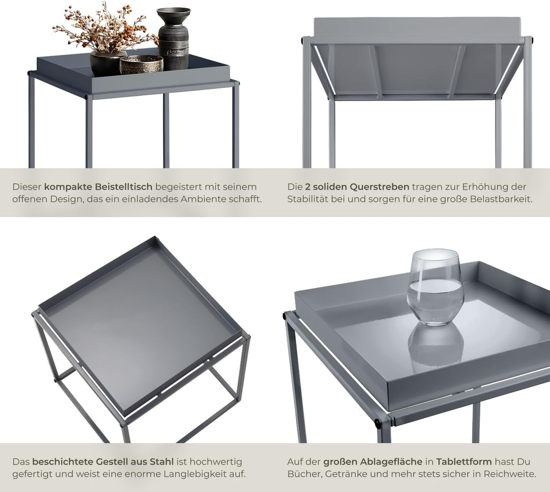TecTake 800910 Beistelltisch aus Metall, quadratisch, stapelbar, Ablagefläche mit hohem Rand, Tablet