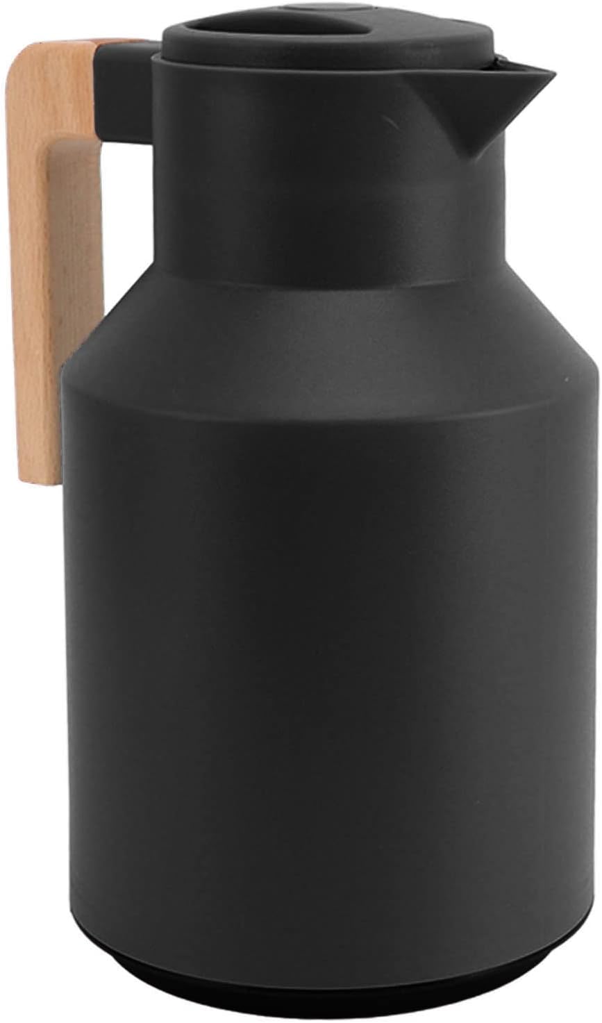 1L Thermo Kaffeekanne, Doppelwandige Vakuum Thermoskanne Kaffee und Getränkespender mit Holzgriff No