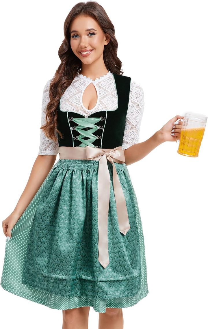 KOJOOIN Dirndl Damen Kurz Trachtenkleid 3tlg. Midi Dirndl für Oktoberfest DREI Teilig: Dirndlkleid,S