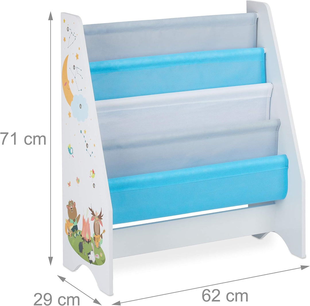 Relaxdays Kinder Bücherregal, 4 Hängefacher, Lagerfeuer Kindermotiv, Bücheraufbewahrung, HBT: 71x62x