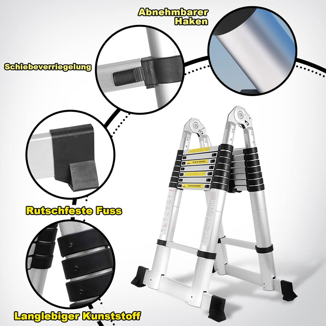 Ansobea Teleskopleiter 3.8m Aluminiumleiter Leiter Ausziehbar Teleskopleitern Schiebe Teleskopleiter