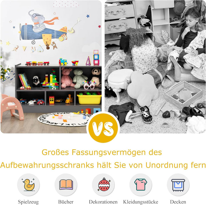 COSTWAY Kinder Spielzeugschrank Holz, Spielzeugregal mit 2 grossen FĂ€chern und 3 kleinen FĂ€chern, of