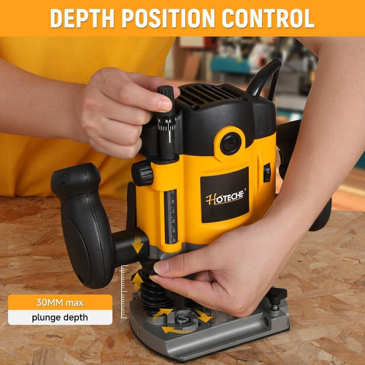 Hoteche 1200W Oberfräse Holzfräse Kantenfräse 6mm Spannfutter 30MM Arbeits Tiefe Alu Bodenplatte VDE