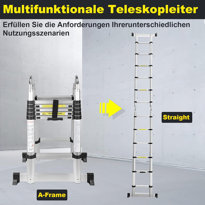 Ansobea Teleskopleiter 3.8m Aluminiumleiter Leiter Ausziehbar Teleskopleitern Schiebe Teleskopleiter