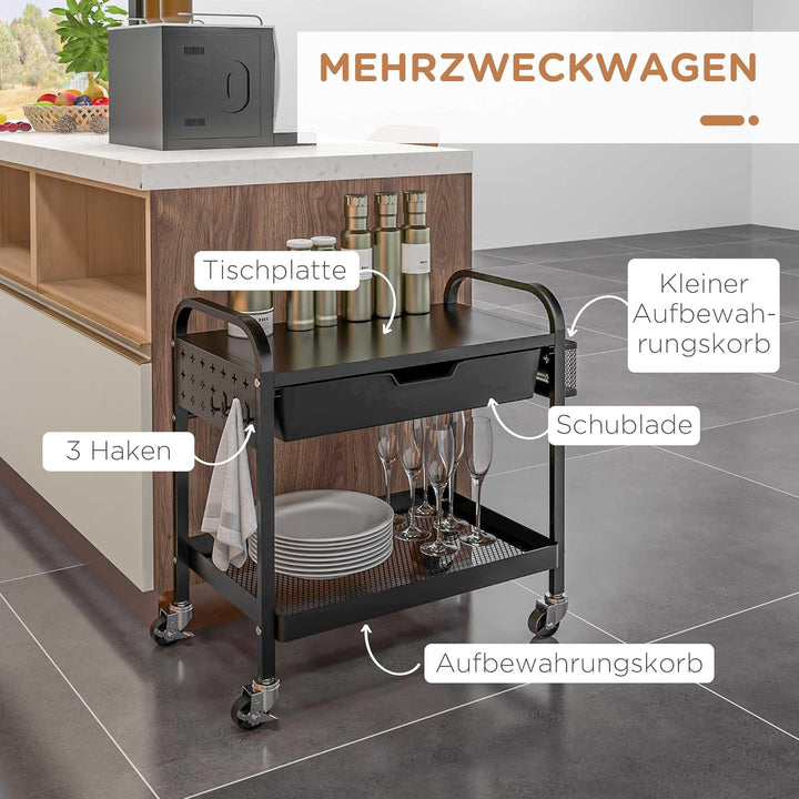 HOMCOM Servierwagen, Rollwagen mit 1 Schublade, 1 Ablage, Aufbewahrungswagen Beistellwagen mit Haken