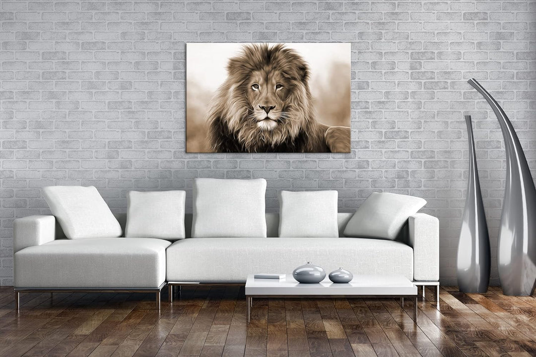 deyoli Stolzer Löwe Effekt: Sepia Format: 80x60 als Leinwandbild, Motiv fertig gerahmt auf Echtholzr