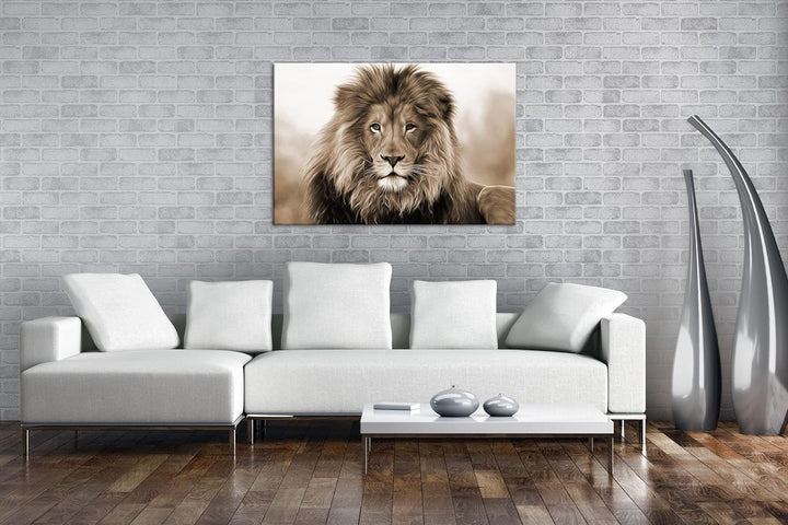 deyoli Stolzer Löwe Effekt: Sepia Format: 80x60 als Leinwandbild, Motiv fertig gerahmt auf Echtholzr