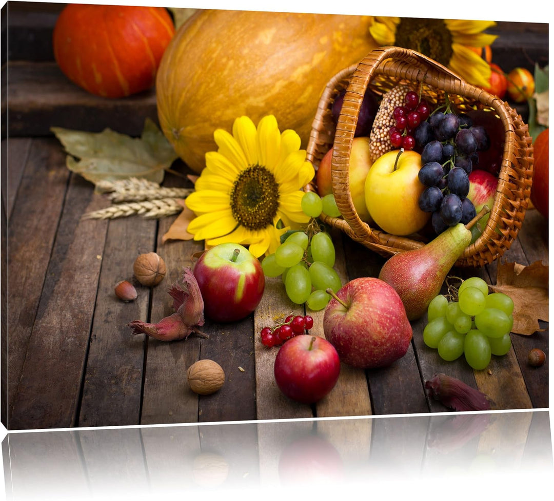Herbstlicher Obstkorb, Format: 100x70 auf Leinwand, XXL riesige Bilder fertig gerahmt mit Keilrahmen
