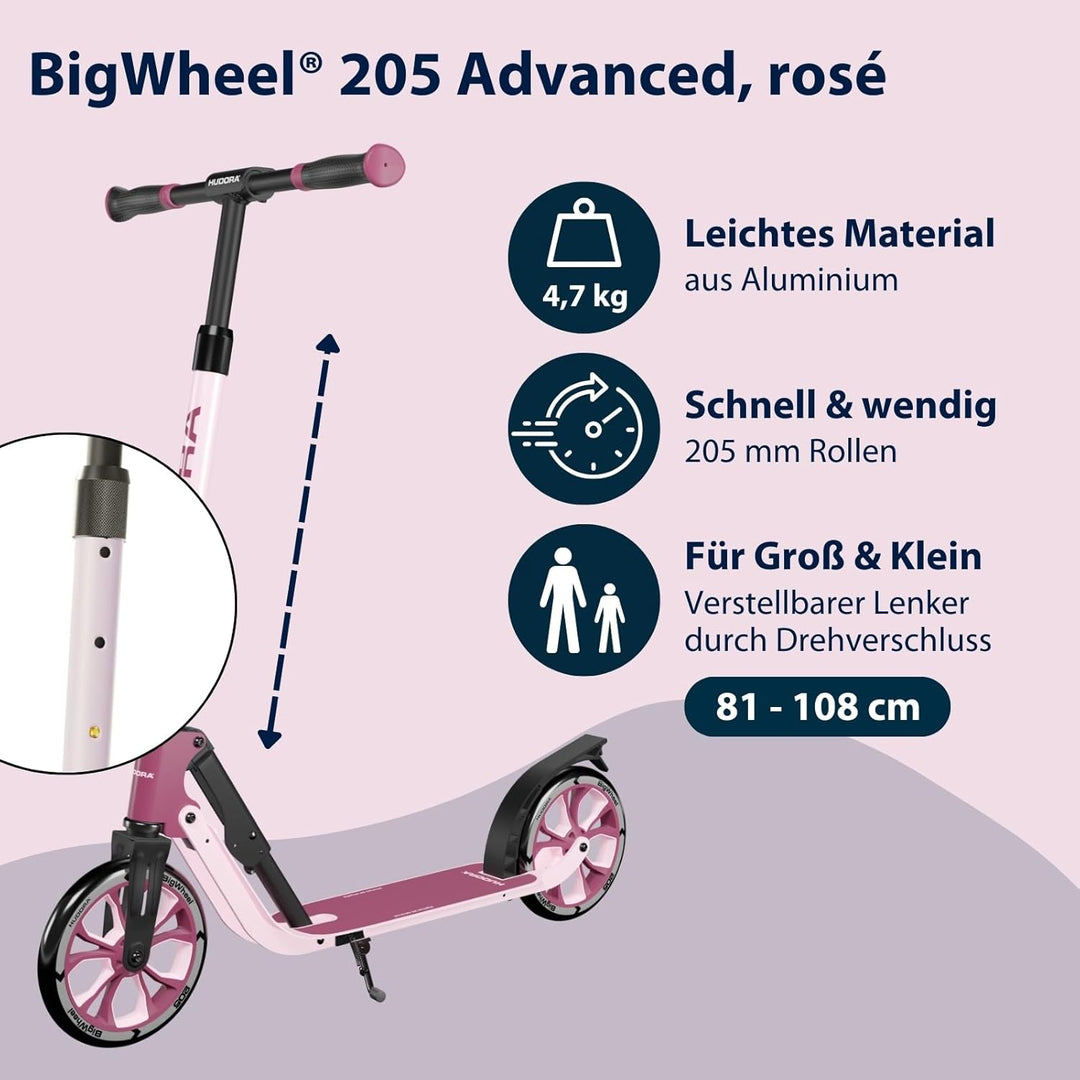 HUDORA BigWheel® 205 Advanced Scooter - Komfortabler Aluminium-Roller für bis zu 100kg - Höhenverste