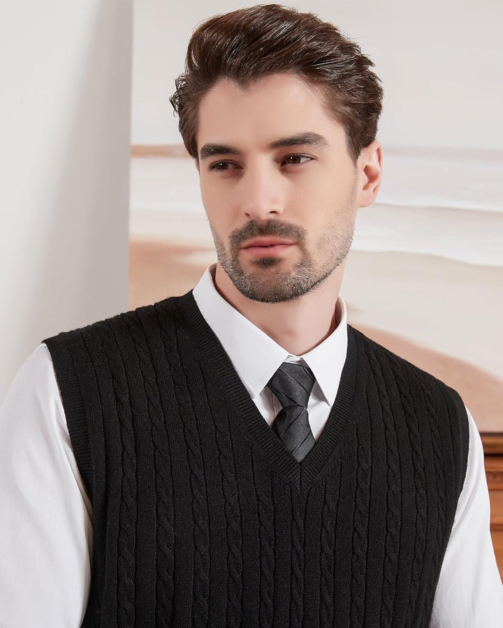 Kallspin Herren Strickweste Pulunder Ärmellos Zopfstrick V-Ausschnitt aus Wollmischung S Schwarz, S