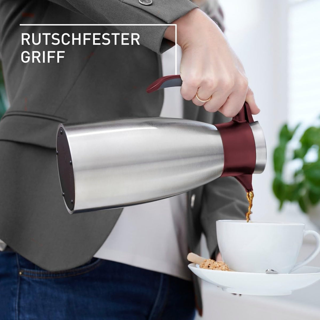 Emsa Soft Grip Isolierkanne, 1,5 Liter, Edelstahl, 12 Stunden heiss + 24 Stunden kalt, Auslaufsicher