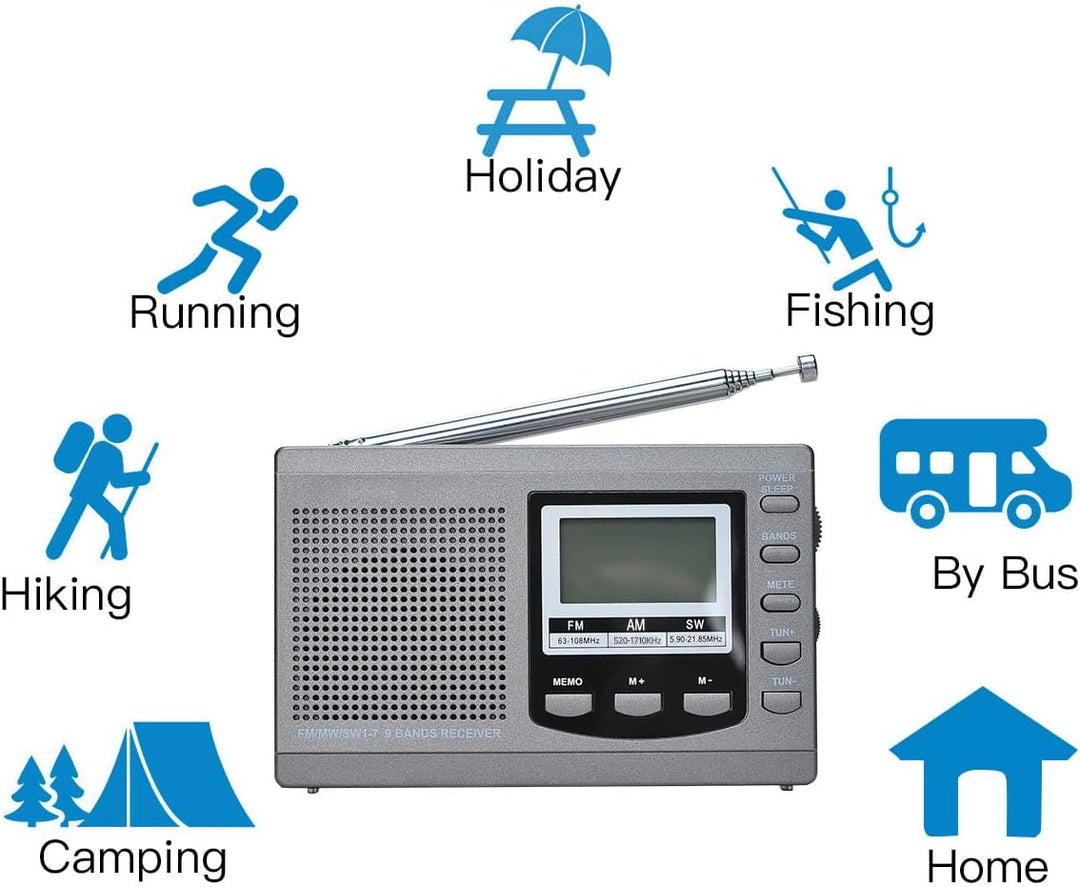 COVVY AM/FM / SW1-7 Tragbarer 9-Band-Radioempfänger mit Lautsprechern und Kopfhörern, ausgezeichnete