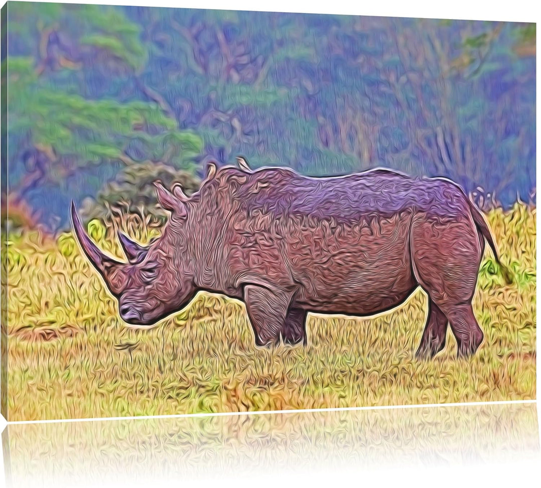 grosses Nashorn in der Savanne Spezial Format: 100x70 cm auf Leinwand, XXL riesige Bilder fertig ger