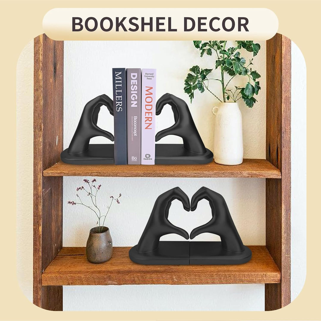 Schwarz Buchstützen Set aus Resin - Herz & Hände Skulptur als Buchstütze, dekorative Bookends für Bü