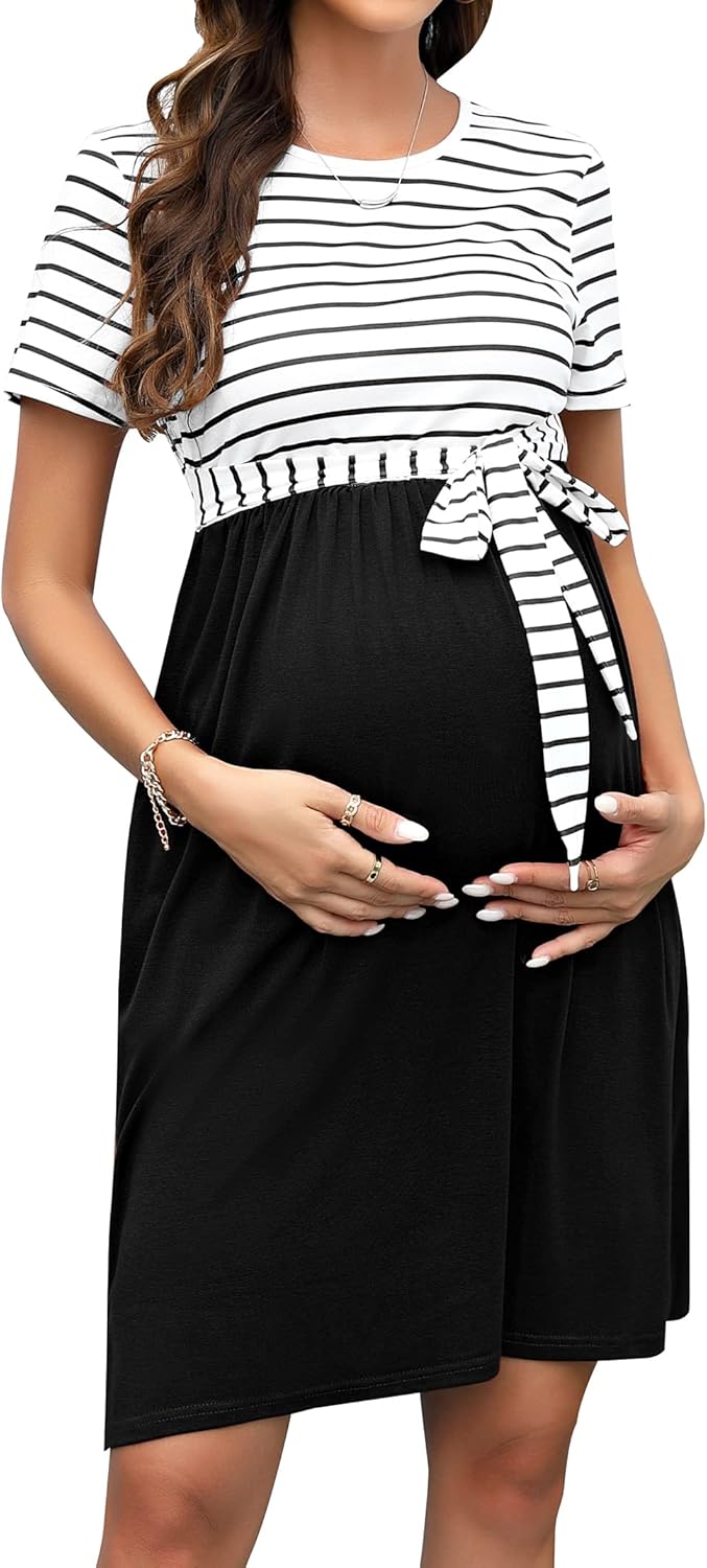 KOJOOIN Damen Umstandskleid Rundhalsausschnitt Gestreiftes Schwangerschaftskleid 3/4 Ärmel Casual Um